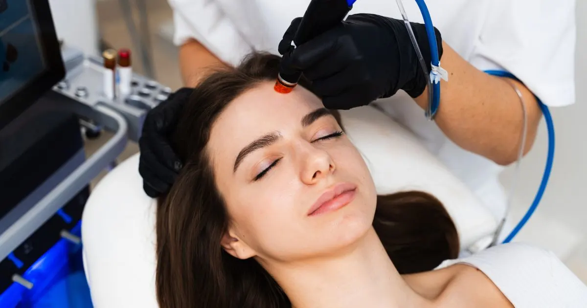 HydraFacial machine with vortex handpiece preparing to infuse antioxidant serums into the skin.