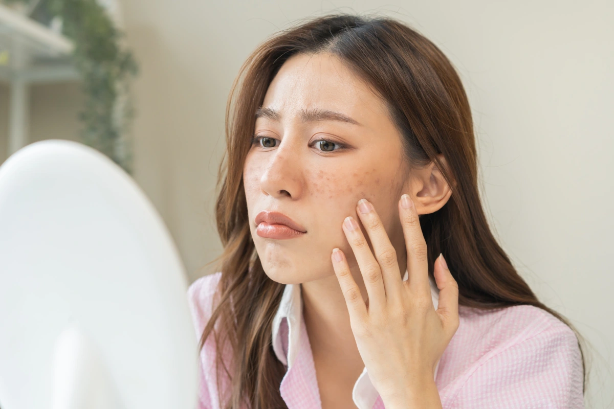 Woman examining dark spots and uneven skin tone before BroadBand Light Therapy treatment at Afzal Clinics.